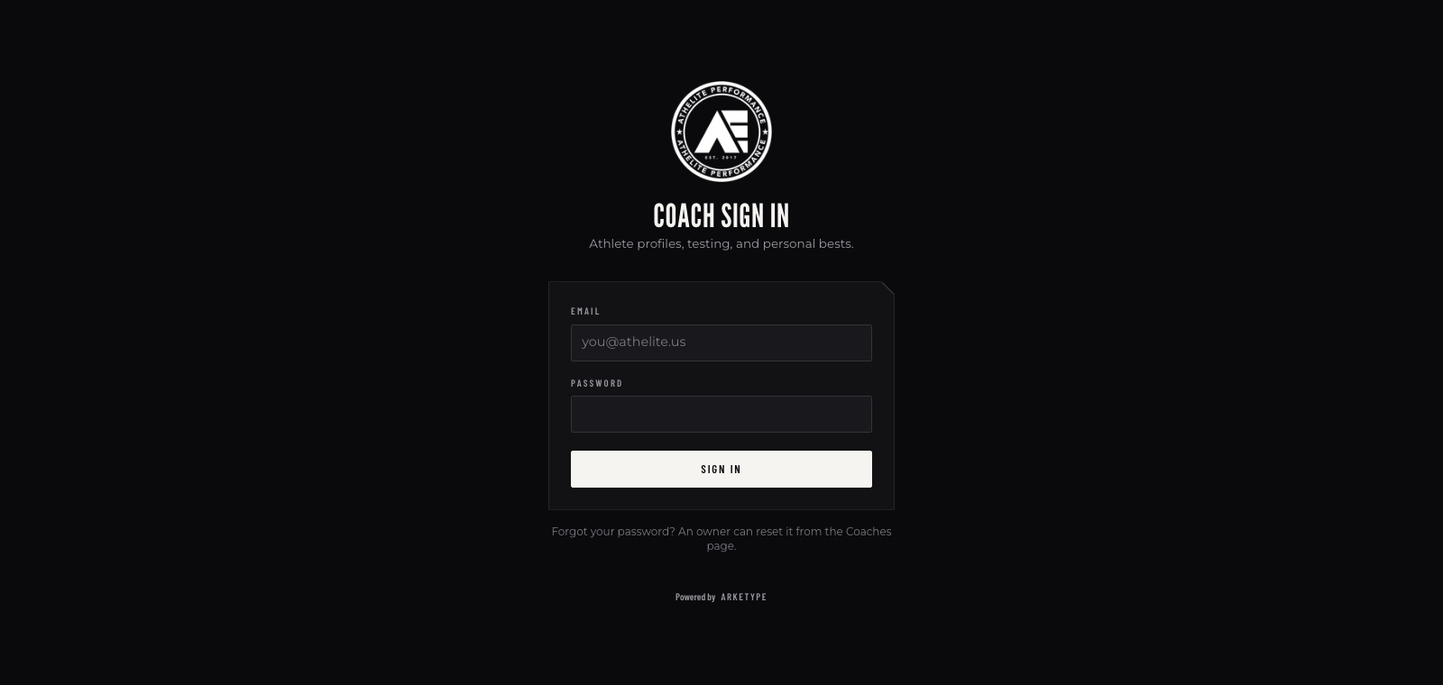 AthElite Performance coach sign-in screen