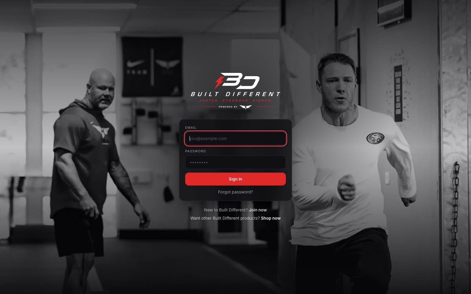 Built Different member sign-in over a photo of the coach and an athlete training