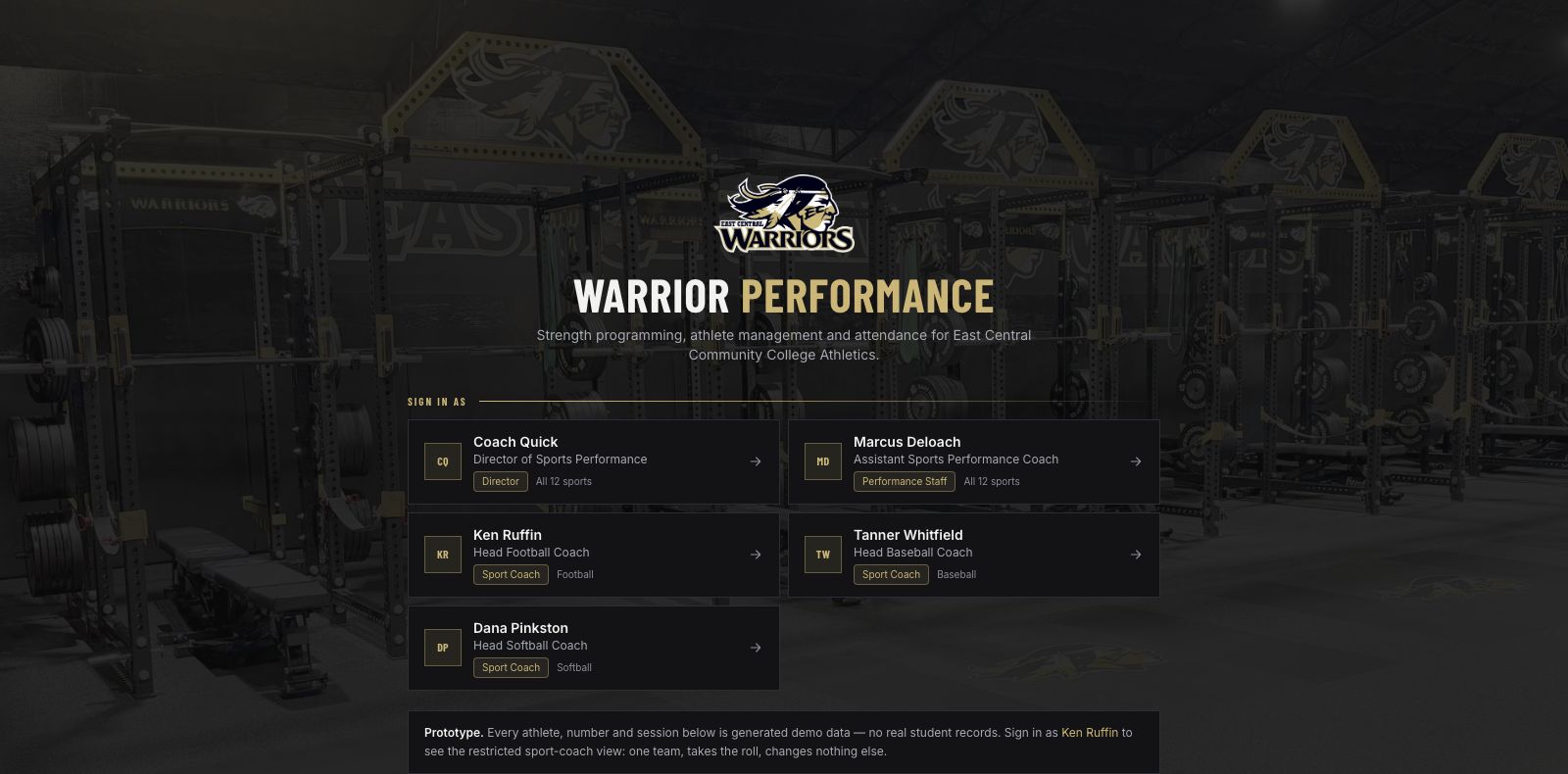 Warrior Performance sign-in screen showing director, performance staff, and sport coach roles