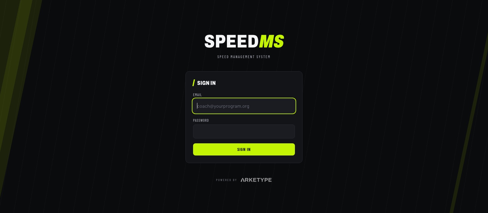 SPEEDms, Speed Management System, sign-in screen
