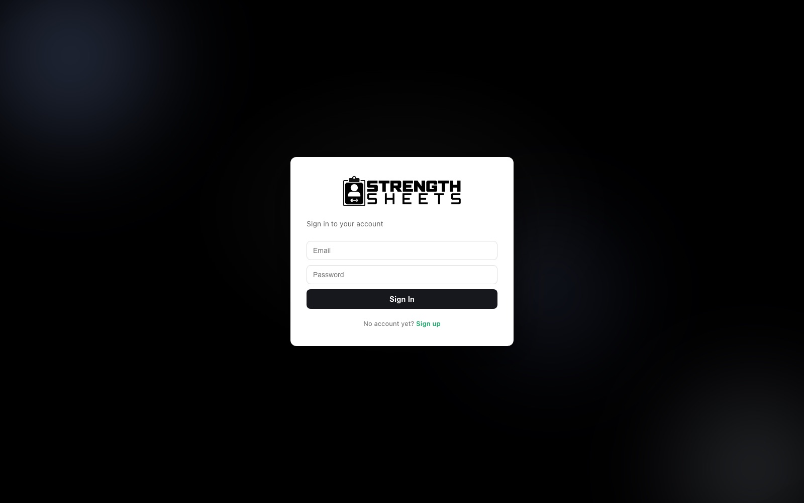 Strength Sheets sign-in screen