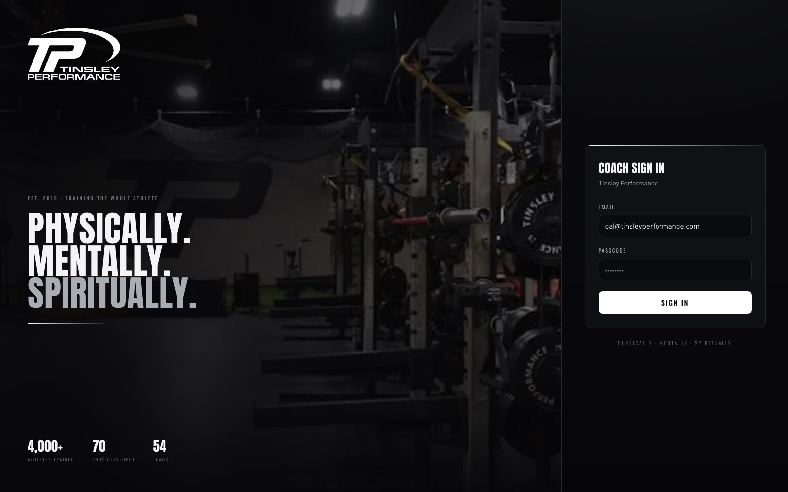 Tinsley Performance coach sign-in page over a photograph of their weight room